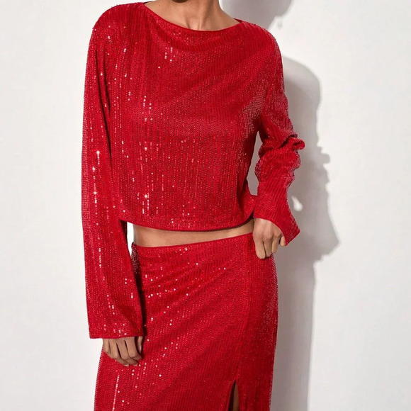 Red Party Women's Elegant Sparkling Sequin Side Slit Dress Set - Picture 4 of 6
